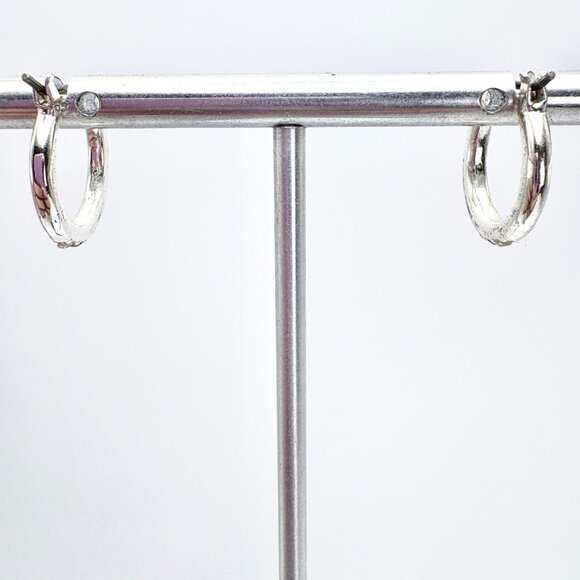 Silver Plated Small Cubic Zirconia Hoop Earrings Hinged Posts Sz 2/3" Diameter - Picture 5 of 9